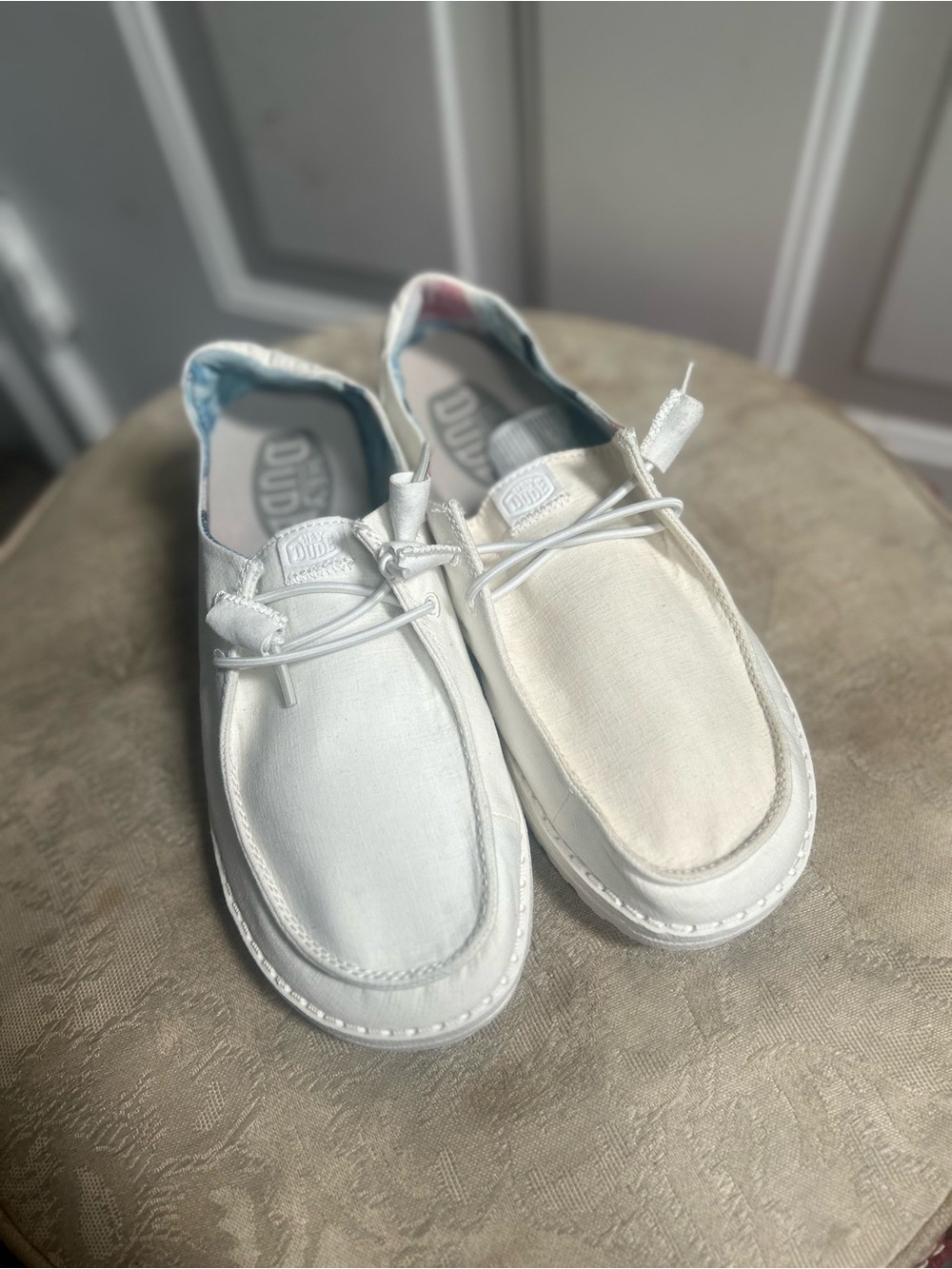 Hey Dude women’s Wendy  Canvas Slip-Ons in White and Off-White Shoes  7